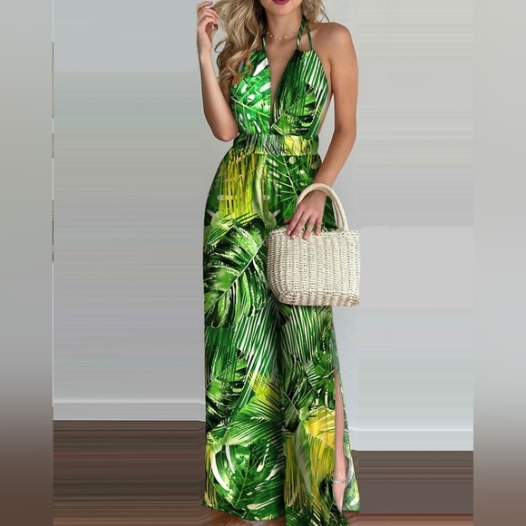 Tropical Print Split Hem Halter Backless Jumpsuit Size Medium - Picture 3 of 3